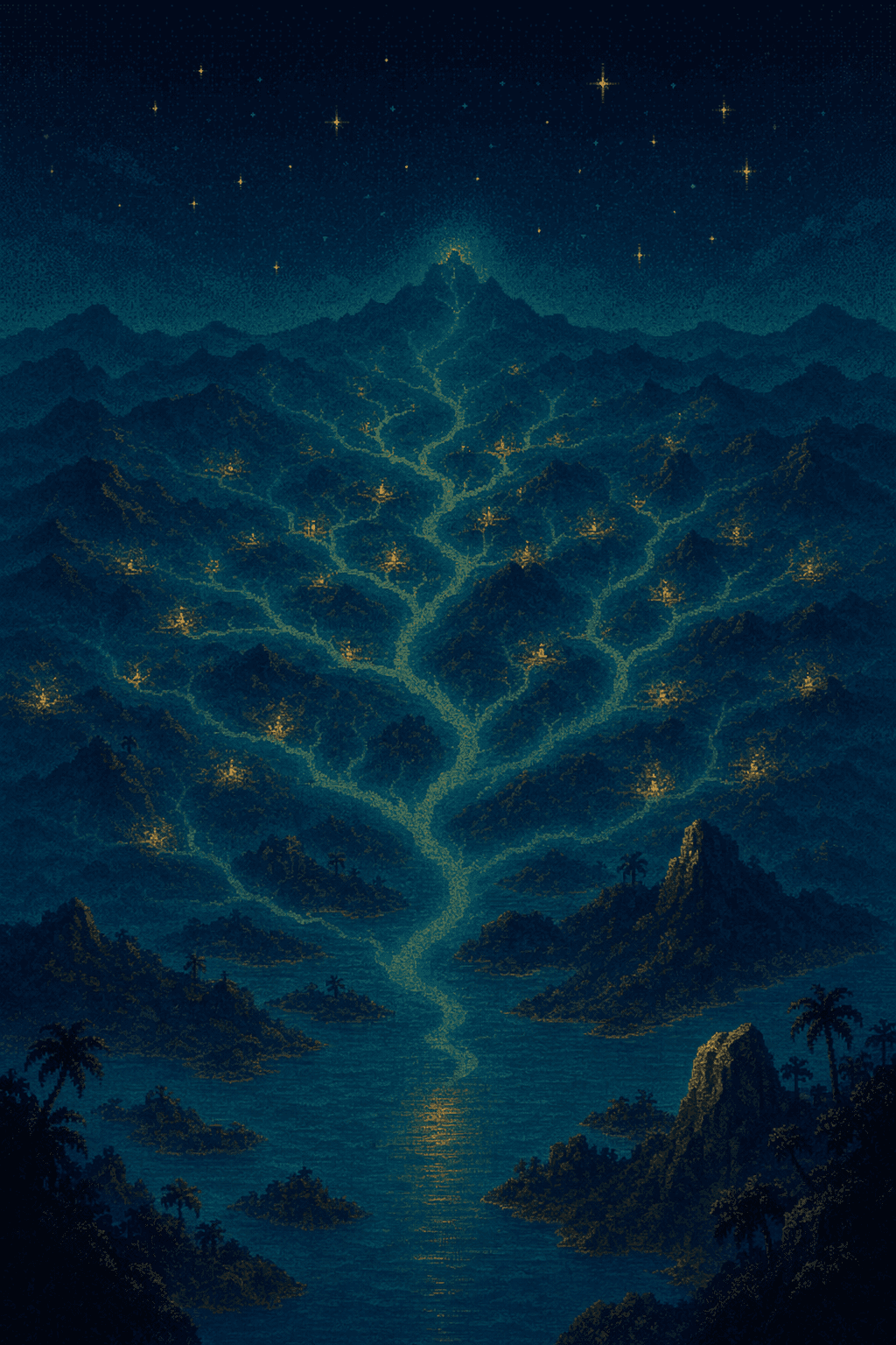 Retro dithered rivers, stars, and branching family lines.