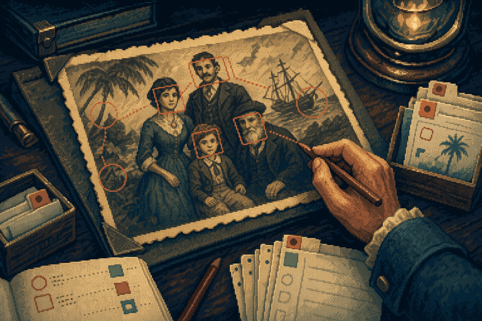 Retro dithered family photo being annotated and indexed.